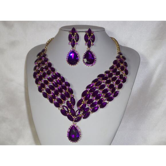 Purple rhinestone necklace set, prom party evening wedding bridal MOB necklace, - Picture 1 of 6